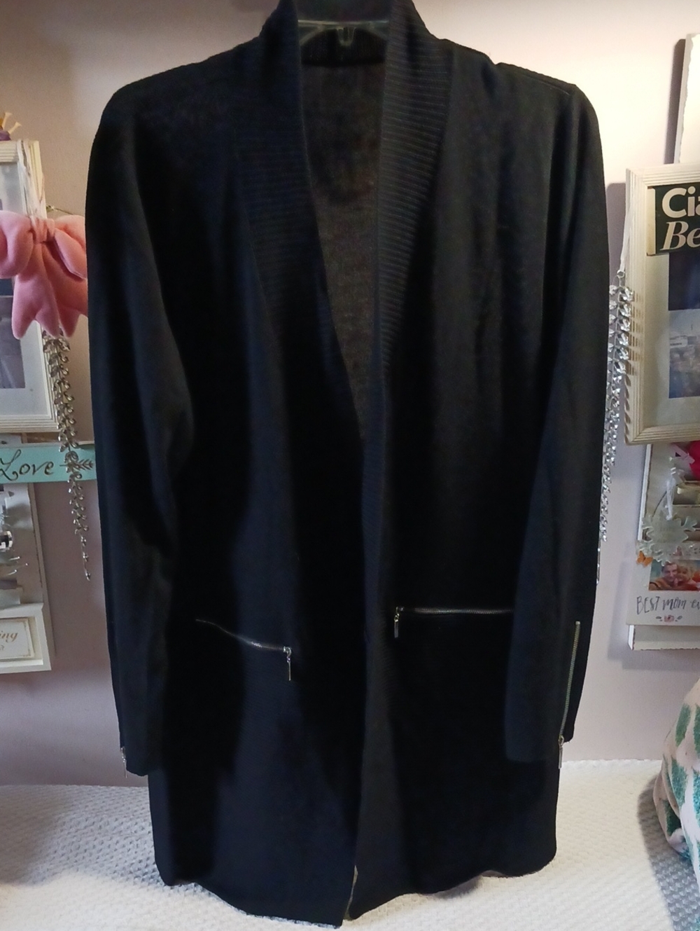 Women's Black Rib Detail Design Open-Front Jacket with Zipper Pockets & Cuffs